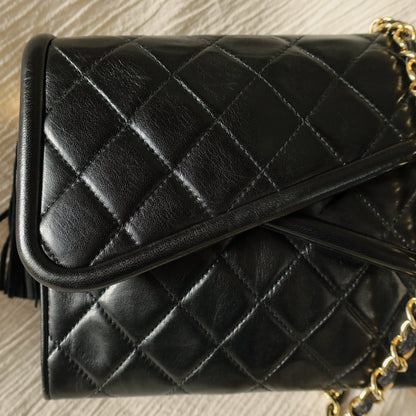 Chanel Vintage Black Lambskin Gold Tassel Asymmetrical Double Flap Bag