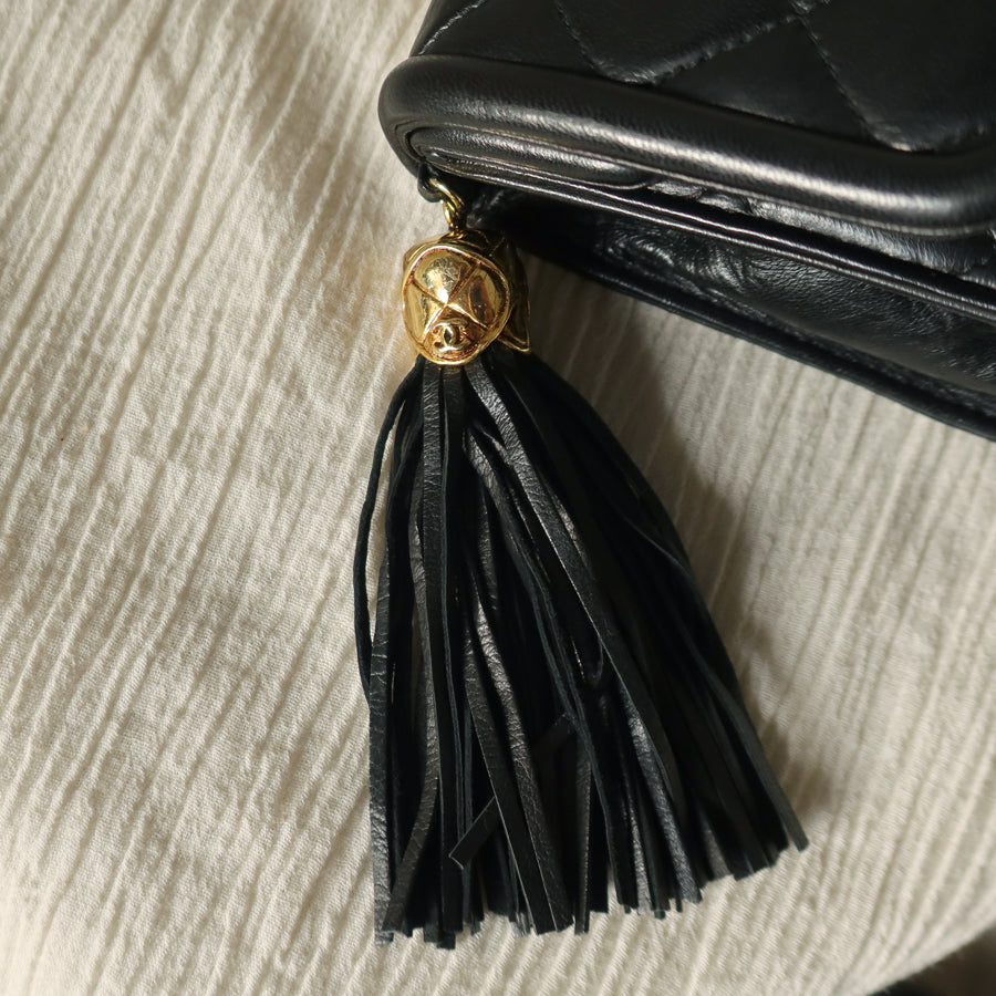 Chanel Vintage Black Lambskin Diamond quilted Tassel Asymmetrical Double Flap Bag