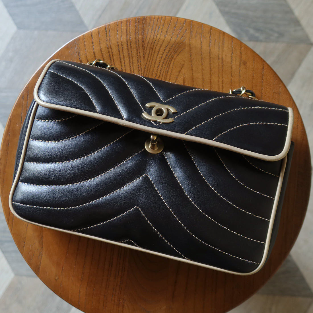 Vintage Chanel Two Tone Chervon wave stitching CC Turn lock Classic Flap Bag