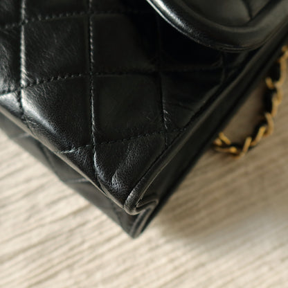 Chanel Vintage Black Lambskin Gold Tassel Asymmetrical Double Flap Bag