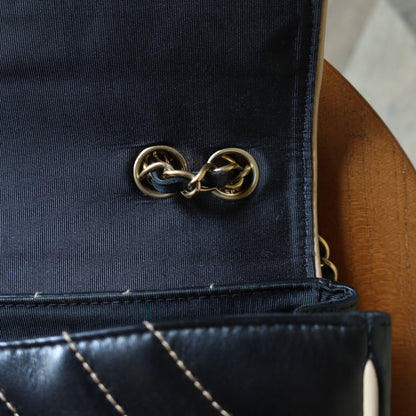 Vintage Chanel Two Tone Chervon wave stitching CC Turn lock Classic Flap Bag