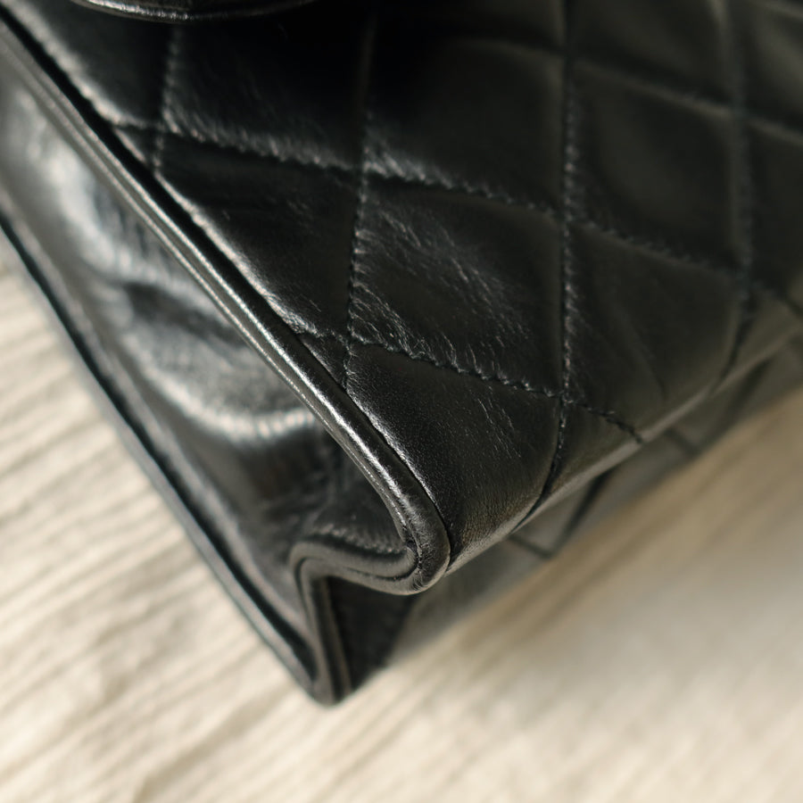 Chanel Vintage Black Lambskin Gold Tassel Asymmetrical Double Flap Bag