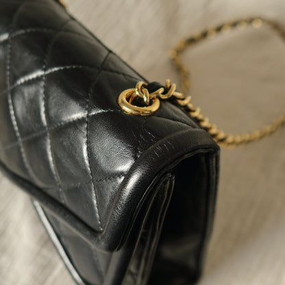 Chanel Vintage Black Lambskin Gold Tassel Asymmetrical Double Flap Bag