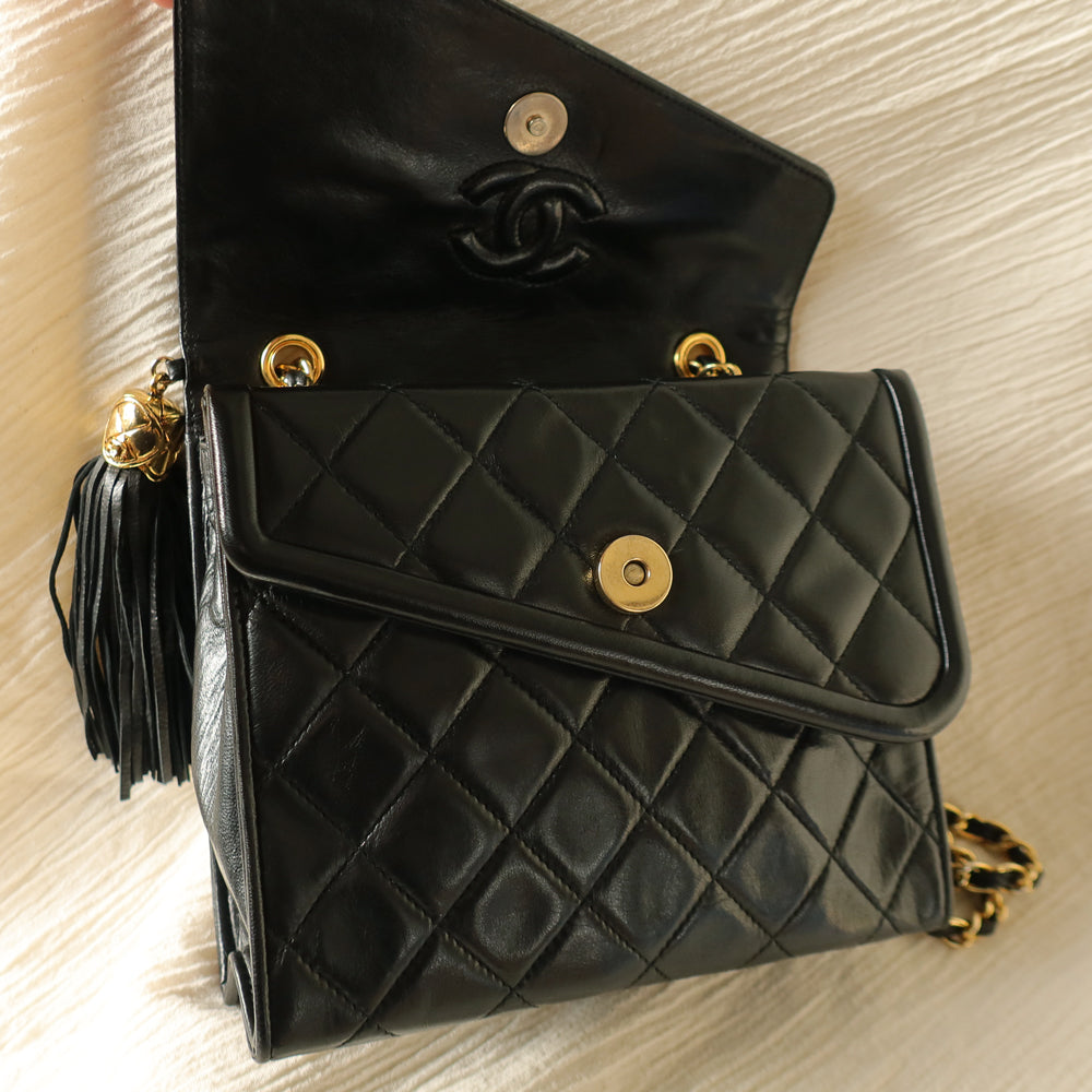Chanel Vintage Black Lambskin Gold Tassel Asymmetrical Double Flap Bag