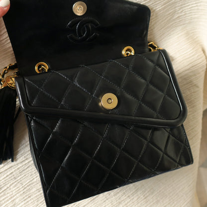 Chanel Vintage Black Lambskin Gold Tassel Asymmetrical Double Flap Bag