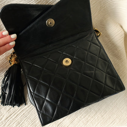 Chanel Vintage Black Lambskin Gold Tassel Asymmetrical Double Flap Bag