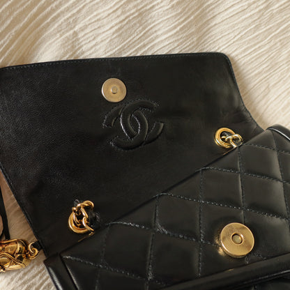 Chanel Vintage Black Lambskin Gold Tassel Asymmetrical Double Flap Bag