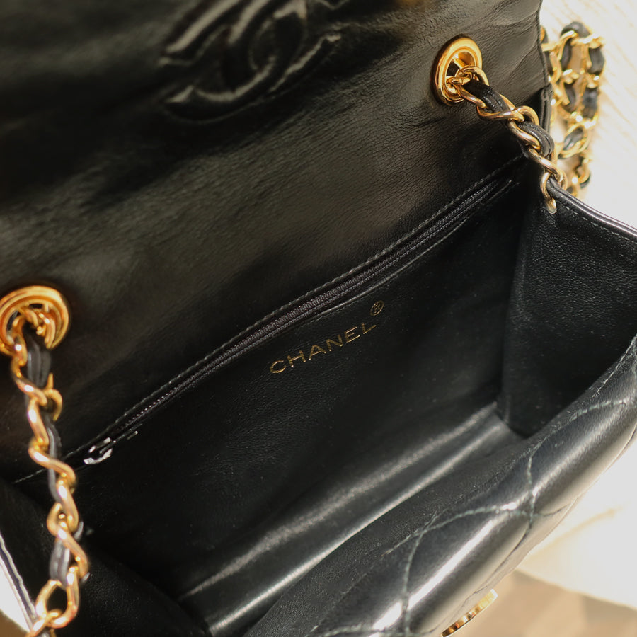 Chanel Vintage Black Lambskin Gold Tassel Asymmetrical Double Flap Bag