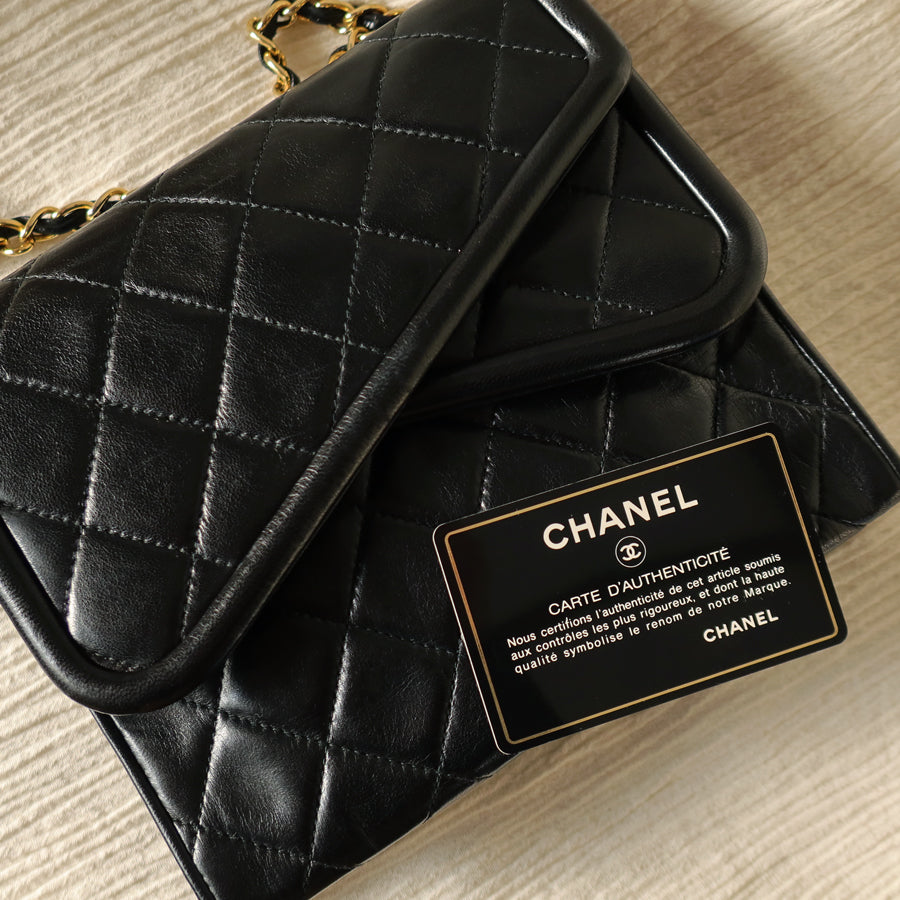 Chanel Vintage Black Lambskin Diamond quilted Tassel Asymmetrical Double Flap Bag