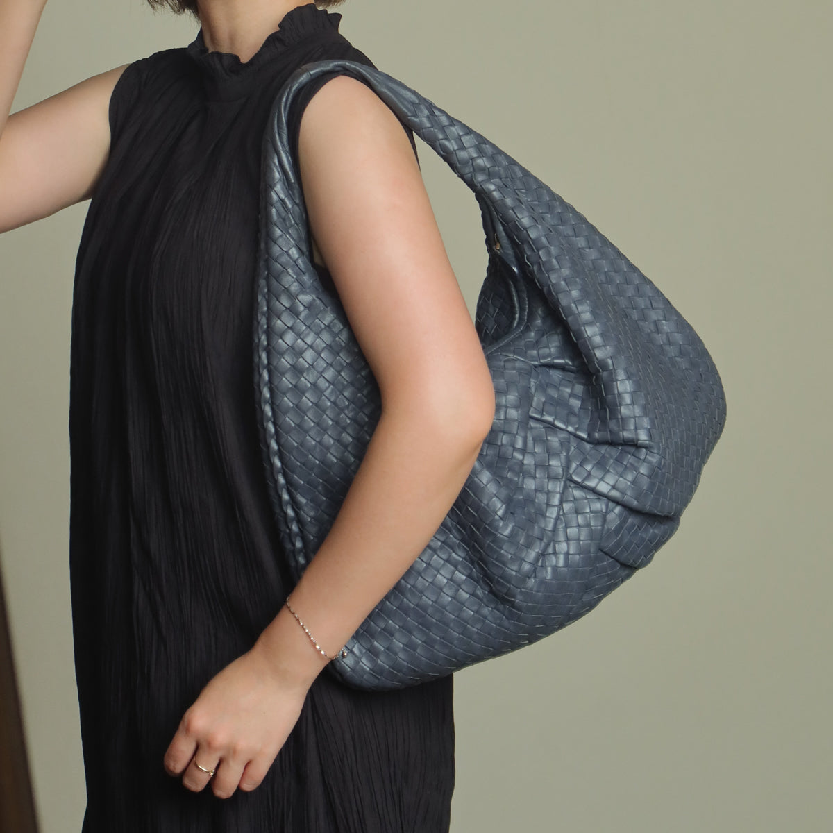 Bottega Veneta Vintage Dusty Blue Intrecciato Leather Veneta Hobo Shoulder Bag