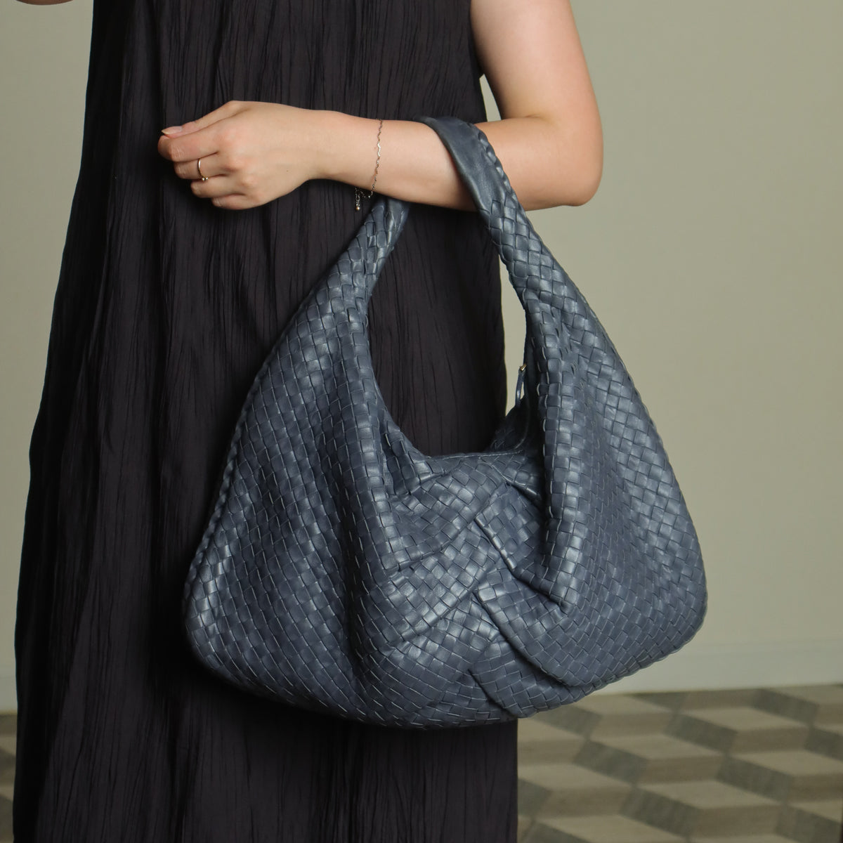 Bottega Veneta Vintage Dusty Blue Intrecciato Leather Veneta Hobo Shoulder Bag