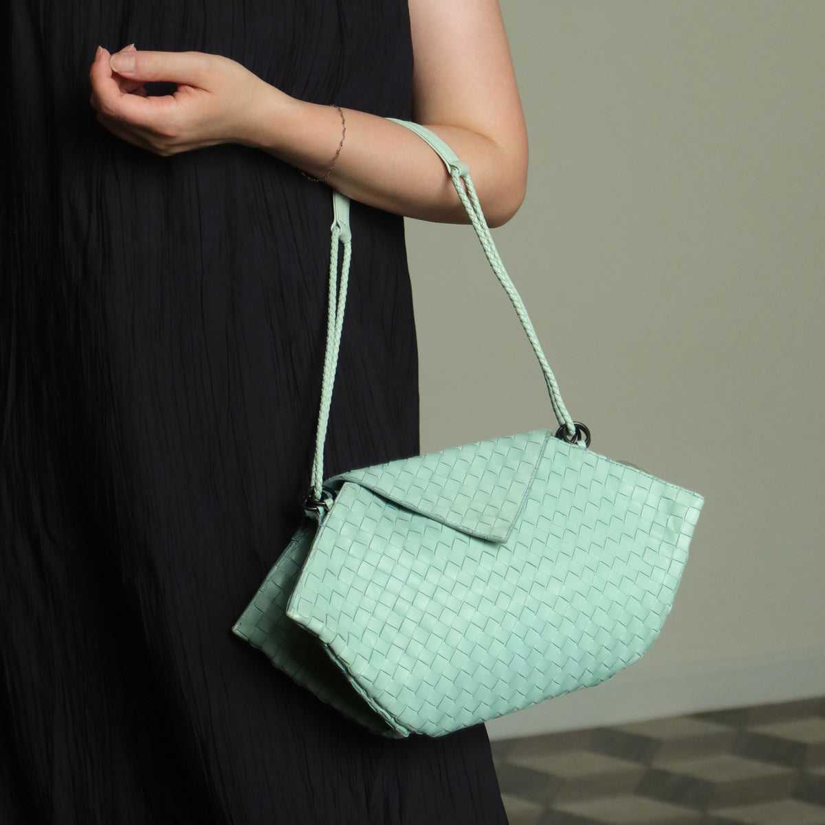 Bottega Veneta Vintage Light Turquoise Blue Intrecciato Origami Shoulder Flap Bag