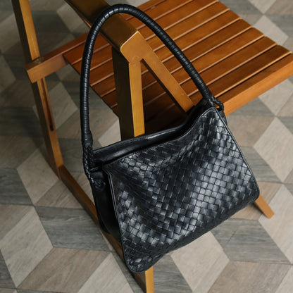 Bottega Veneta Vintage Black Intrecciato Ring Braided Strap Shoulder Bag