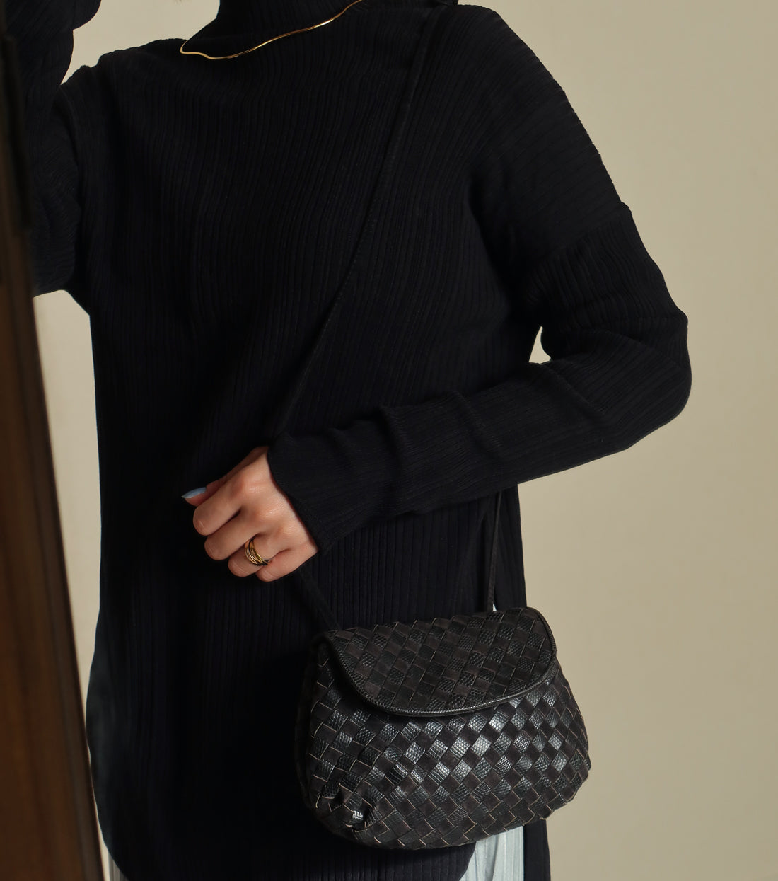 Bottega Veneta Vintage Black Leather Intrecciato Weave Pouch Shoulder Bag