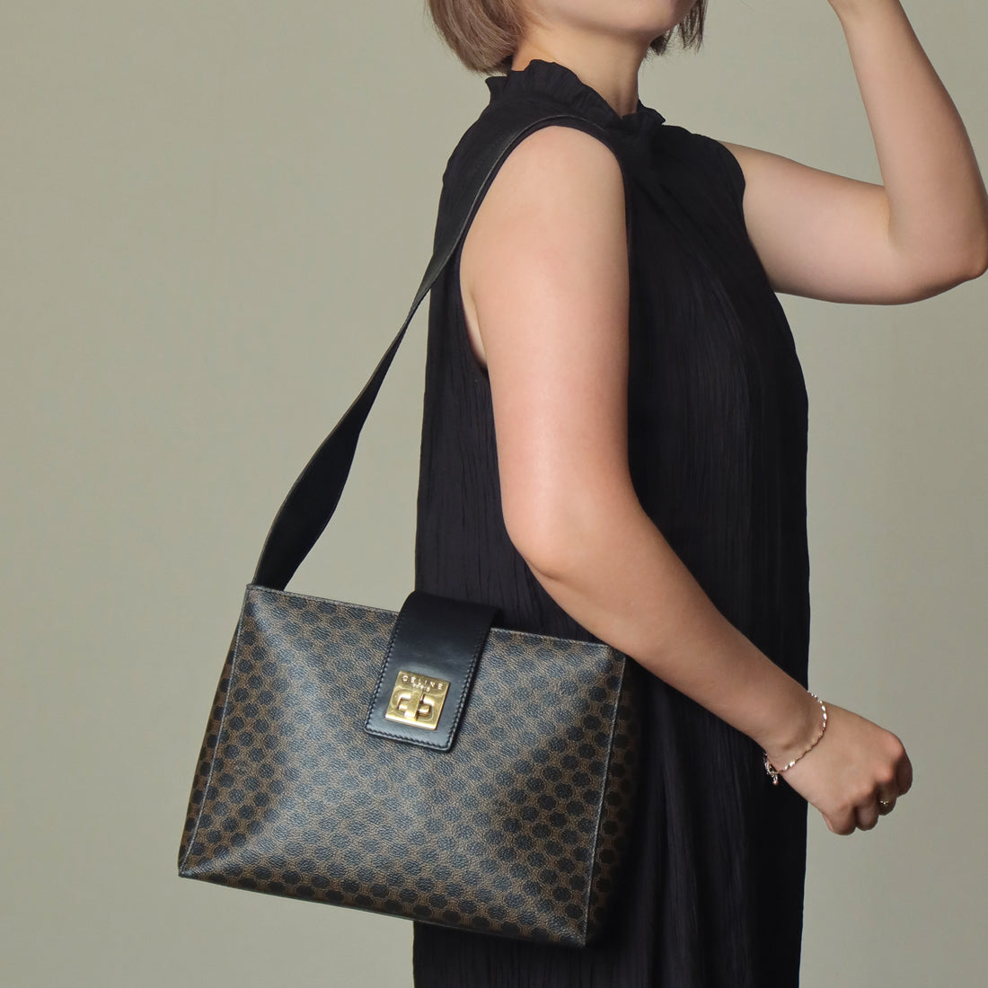 Celine Vintage Black Brown Macadam Triomphe Turn Lock Shoulder Bag