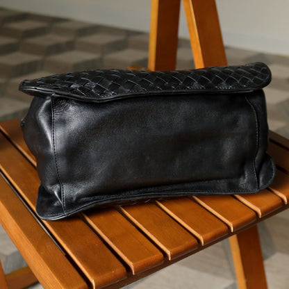 Bottega Veneta Vintage Black Intrecciato Ring Braided Strap Shoulder Bag