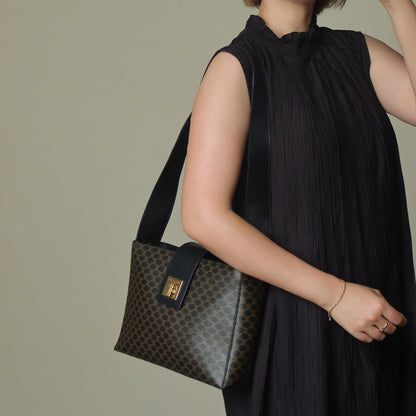 Celine Vintage Black Brown Macadam Triomphe Turn Lock Shoulder Bag