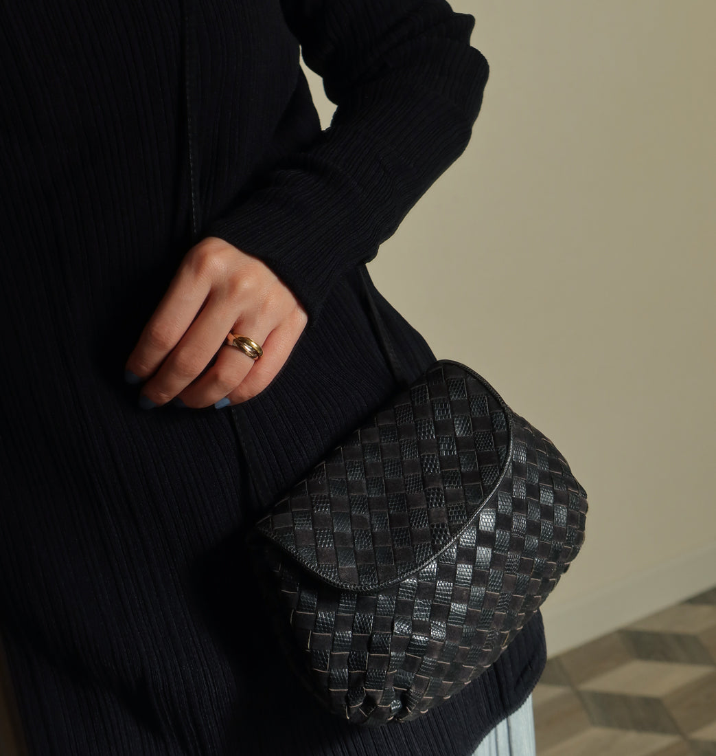 Bottega Veneta Vintage Black Leather Intrecciato Weave Pouch Shoulder Bag