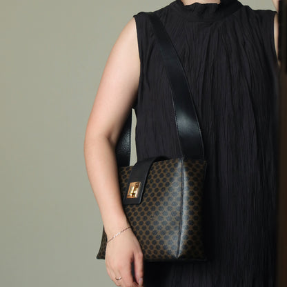 Celine Vintage Black Brown Macadam Triomphe Turn Lock Shoulder Bag