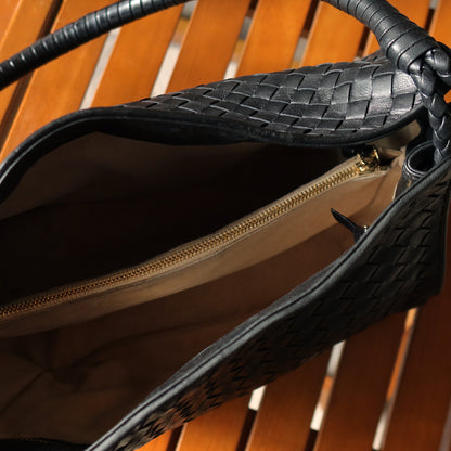 Bottega Veneta Vintage Black Intrecciato Ring Braided Strap Shoulder Bag