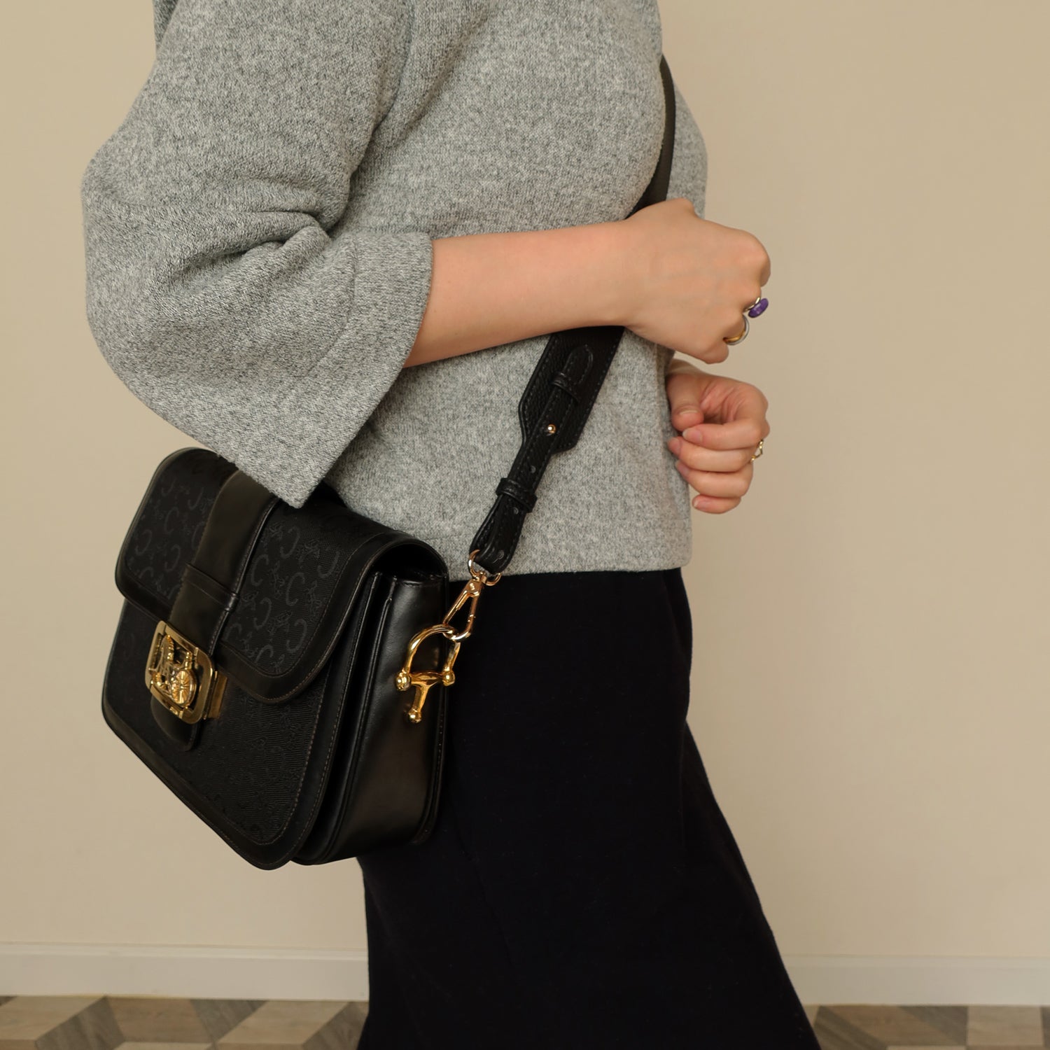 Celine Vintage Black Leather C Macadam Horse Carriage Shoulder Bag