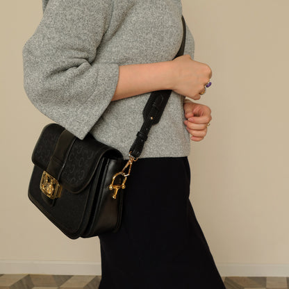 Celine Vintage Black Leather C Macadam Horse Carriage Shoulder Bag
