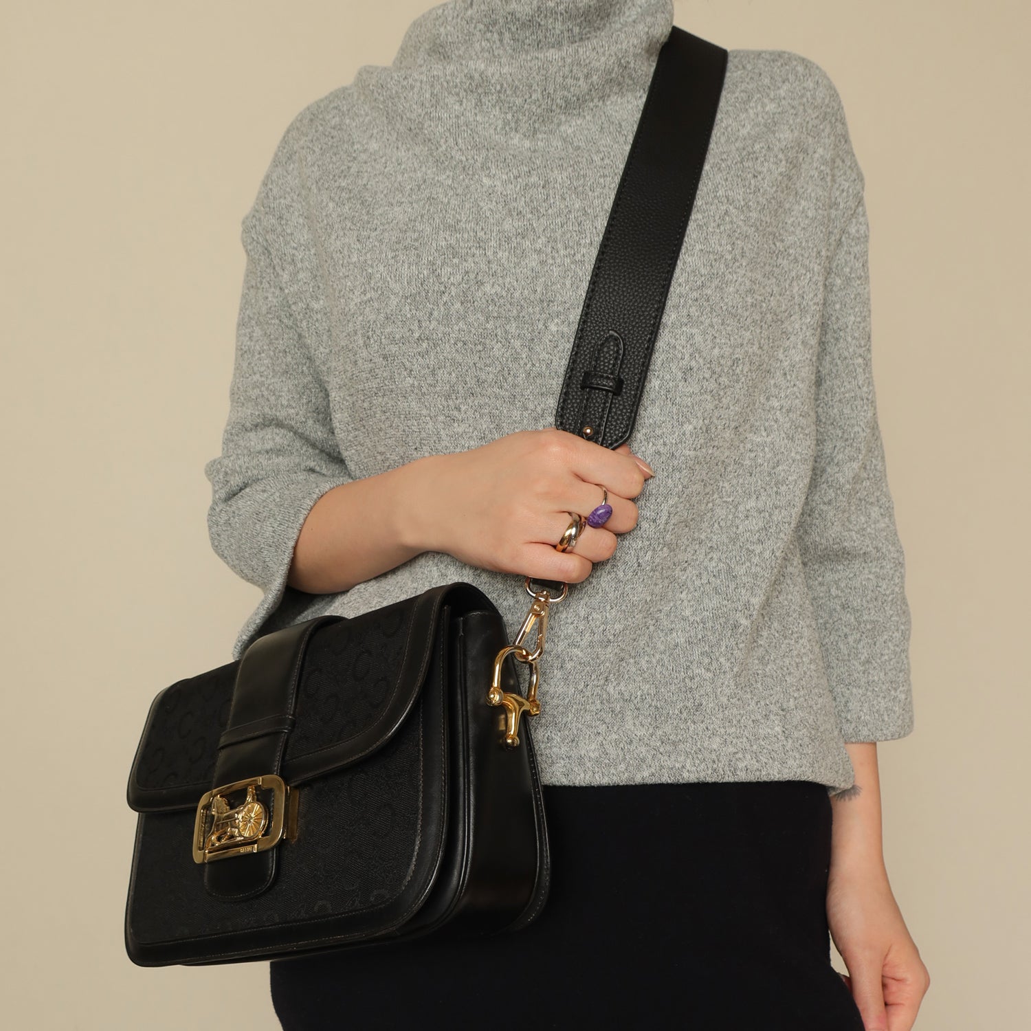 Celine Vintage Black Leather C Macadam Horse Carriage Shoulder Bag
