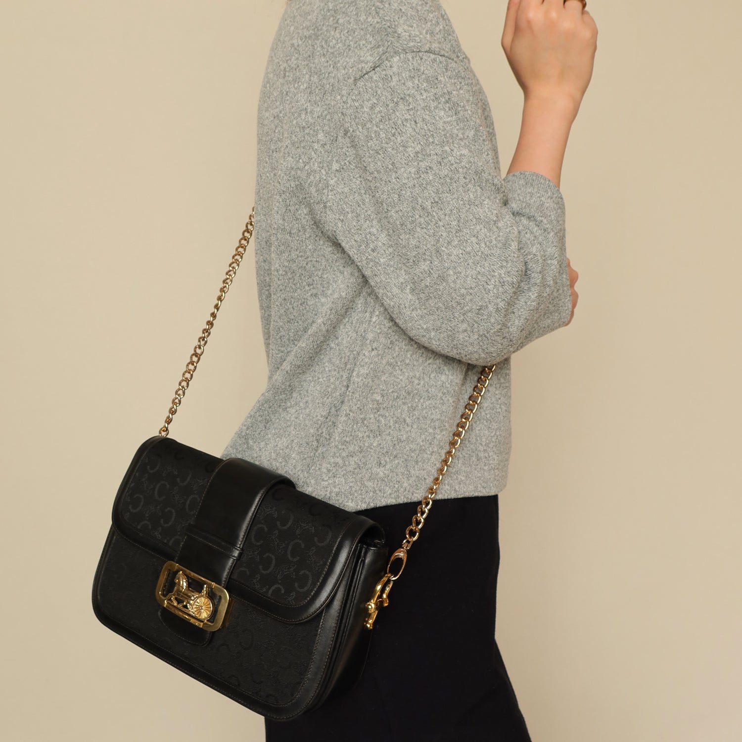 Celine Vintage Black Leather C Macadam Horse Carriage Shoulder Bag