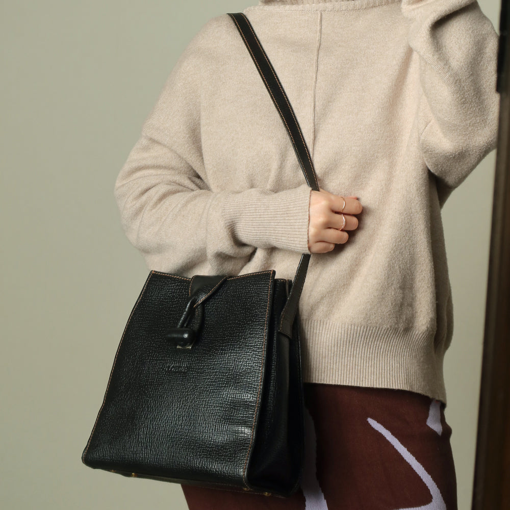 Loewe Vintage Black Grained Leather Twisted Knot Trapezoid Shoulder Flap Bag