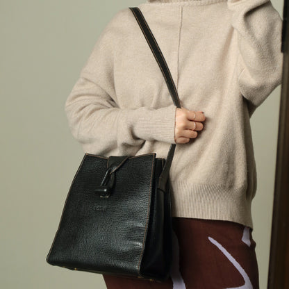Loewe Vintage Black Grained Leather Twisted Knot Trapezoid Shoulder Flap Bag