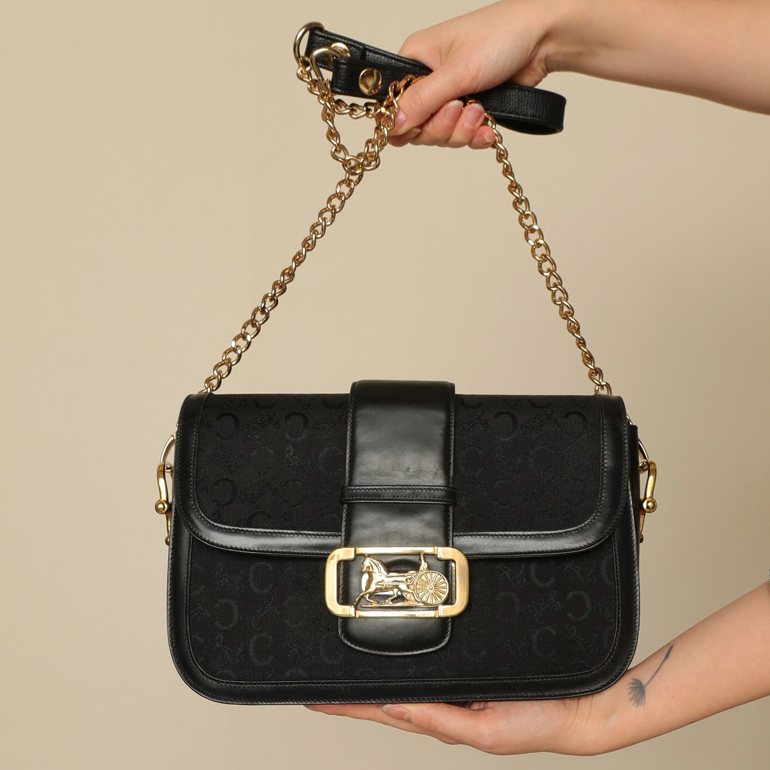 Celine Vintage Black Leather C Macadam Horse Carriage Shoulder Bag