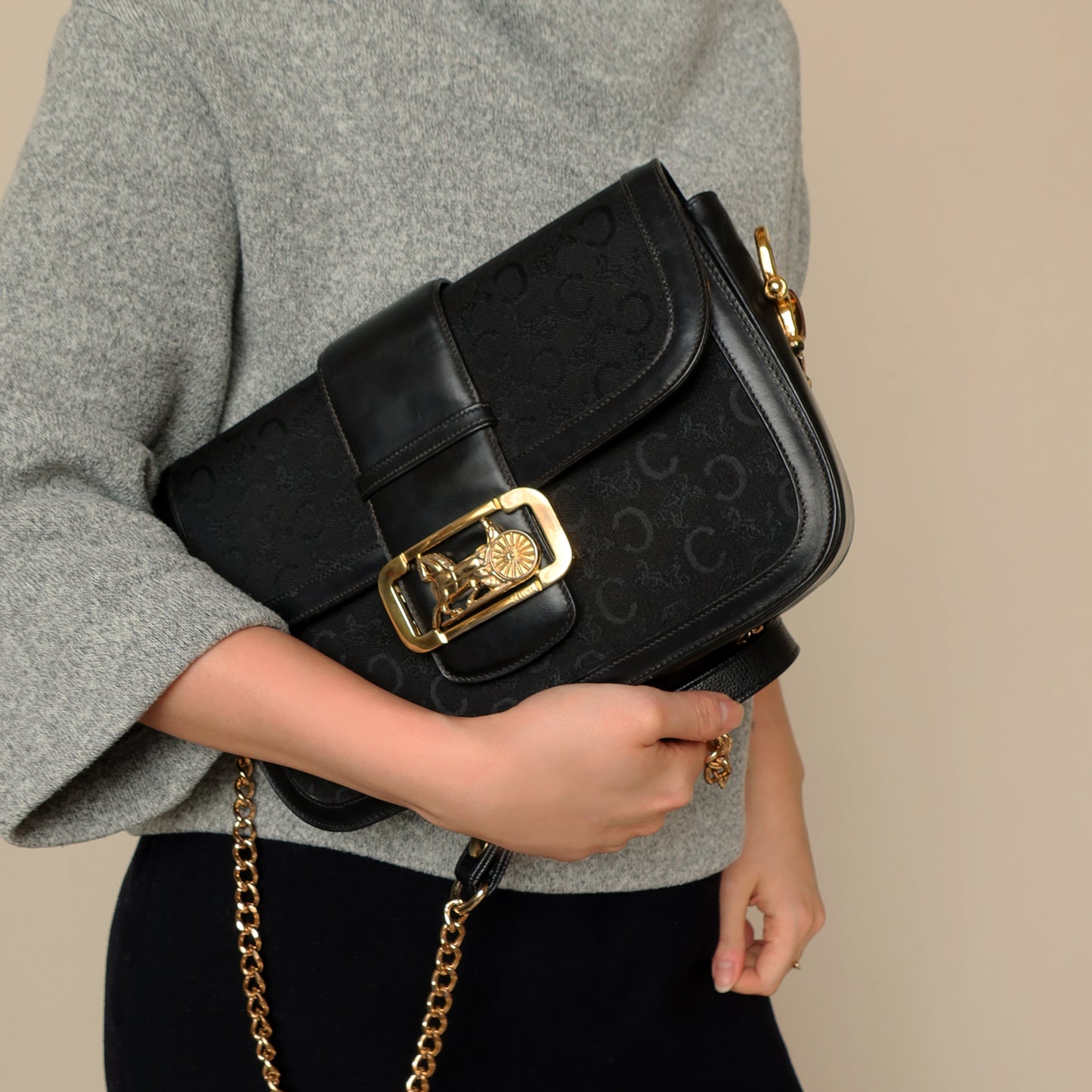 Celine Vintage Black Leather C Macadam Horse Carriage Shoulder Bag