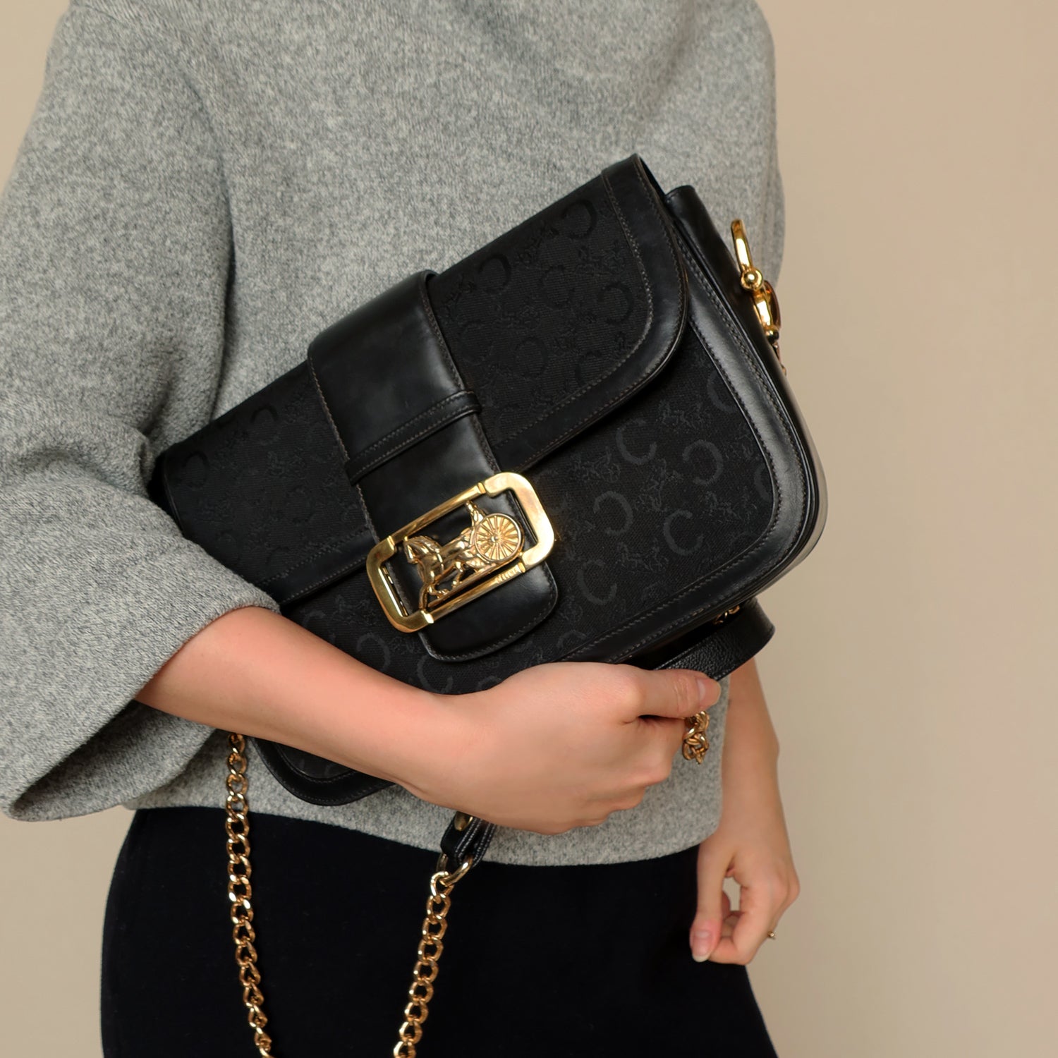 Celine Vintage Black Leather C Macadam Horse Carriage Shoulder Bag