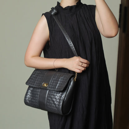 Bottega Veneta Vintage Dusty Navy Intrecciato Leather Turn Lock 2way Flap Bag