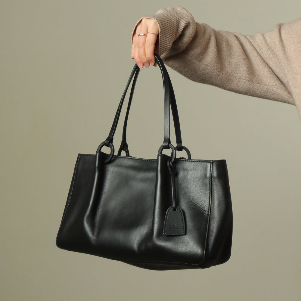 Gucci Vintage Black Leather Daily Tote Shoulder Bag with Gucci Charm M