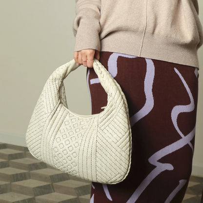 Bottega Veneta Vintage White Navy stitching Intrecciato Veneta Hobo Shoulder Bag