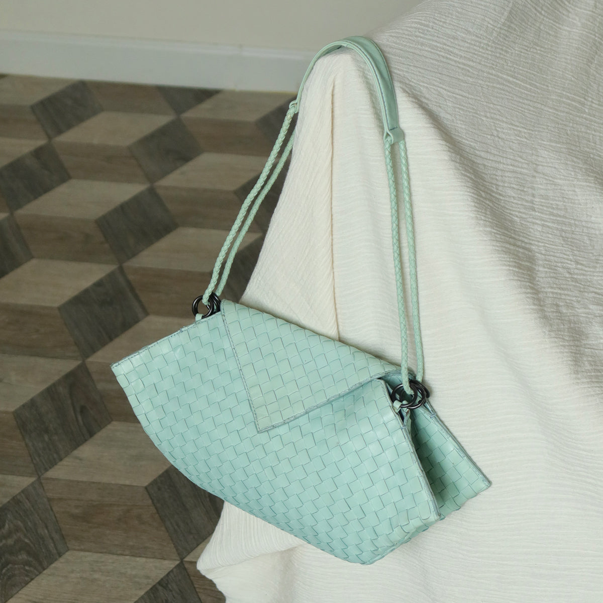 Bottega Veneta Vintage Light Turquoise Blue Intrecciato Origami Shoulder Flap Bag