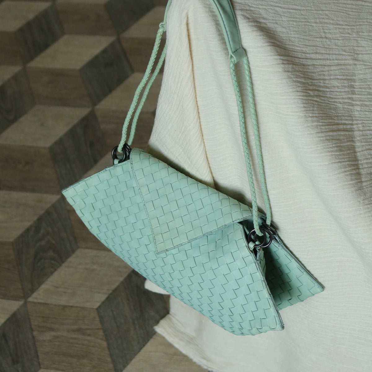 Bottega Veneta Vintage Light Turquoise Blue Intrecciato Origami Shoulder Flap Bag