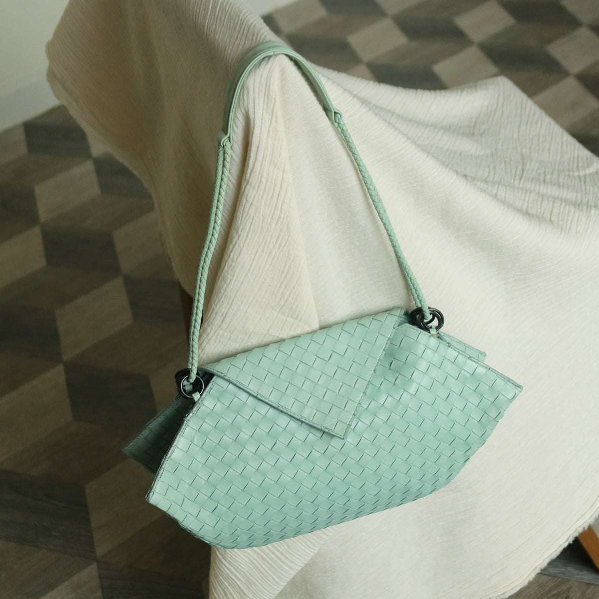 Bottega Veneta Vintage Light Turquoise Blue Intrecciato Origami Shoulder Flap Bag