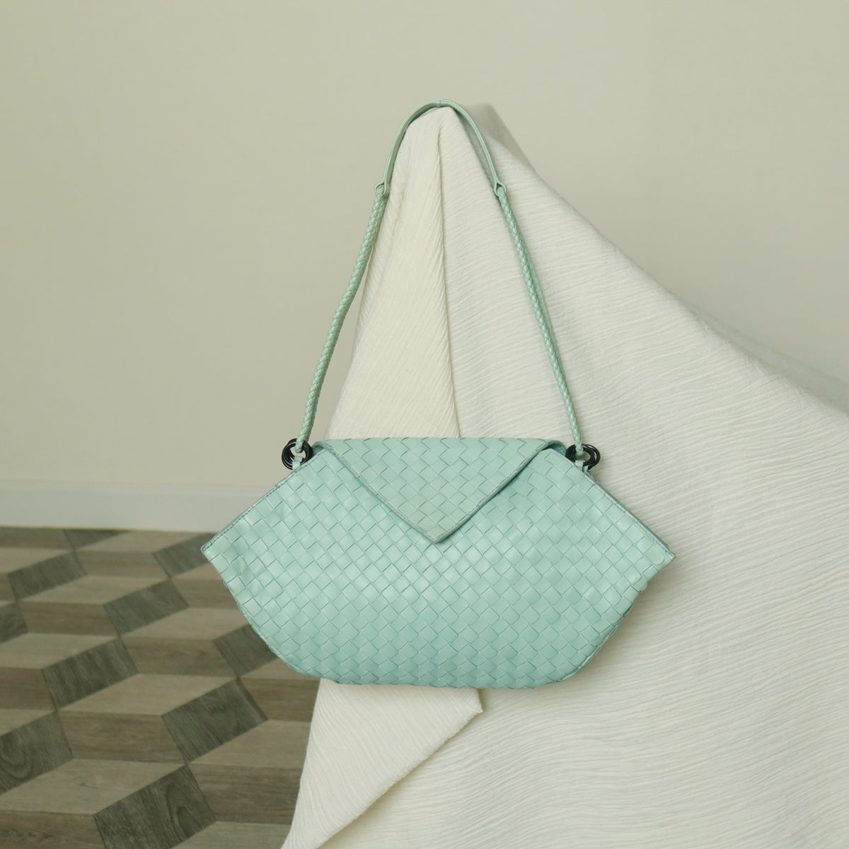 Bottega Veneta Vintage Light Turquoise Blue Intrecciato Origami Shoulder Flap Bag