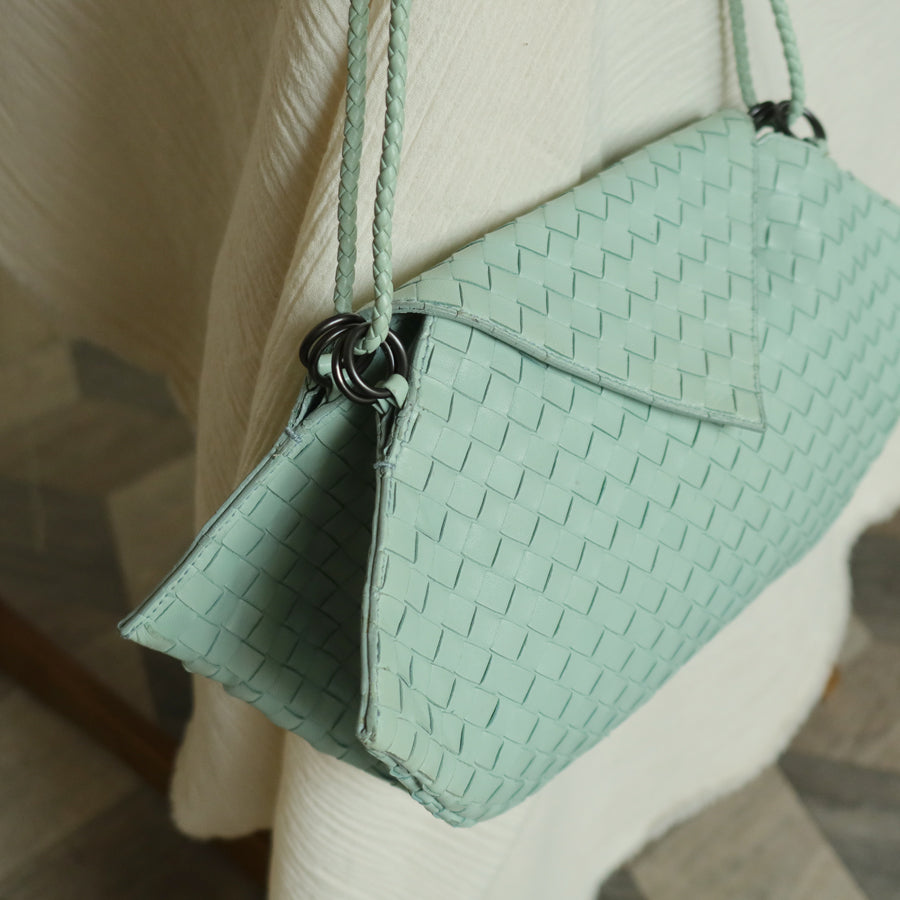 Bottega Veneta Vintage Light Turquoise Blue Intrecciato Origami Shoulder Flap Bag