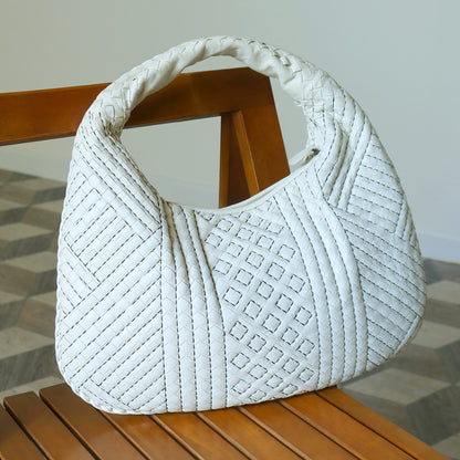 Bottega Veneta Vintage White Navy stitching Intrecciato Veneta Hobo Shoulder Bag