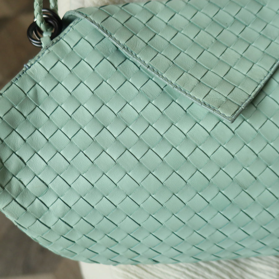 Bottega Veneta Vintage Light Turquoise Blue Intrecciato Origami Shoulder Flap Bag