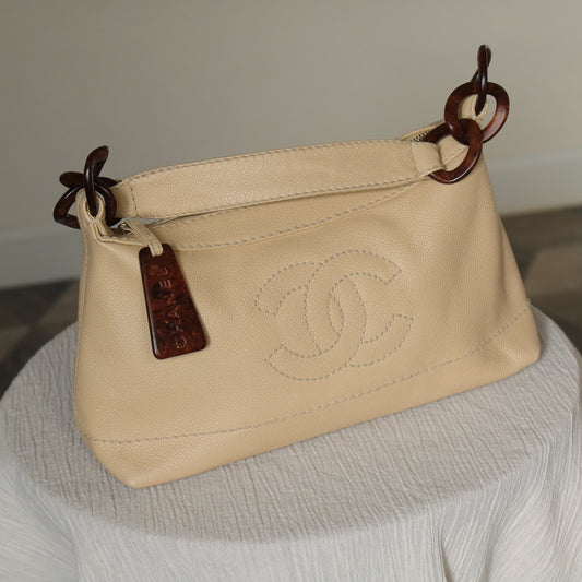 Chanel Vintage Beige Caviar Leather Coco Mark Hobo Shoulder Bag