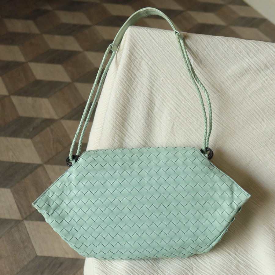 Bottega Veneta Vintage Light Turquoise Blue Intrecciato Origami Shoulder Flap Bag