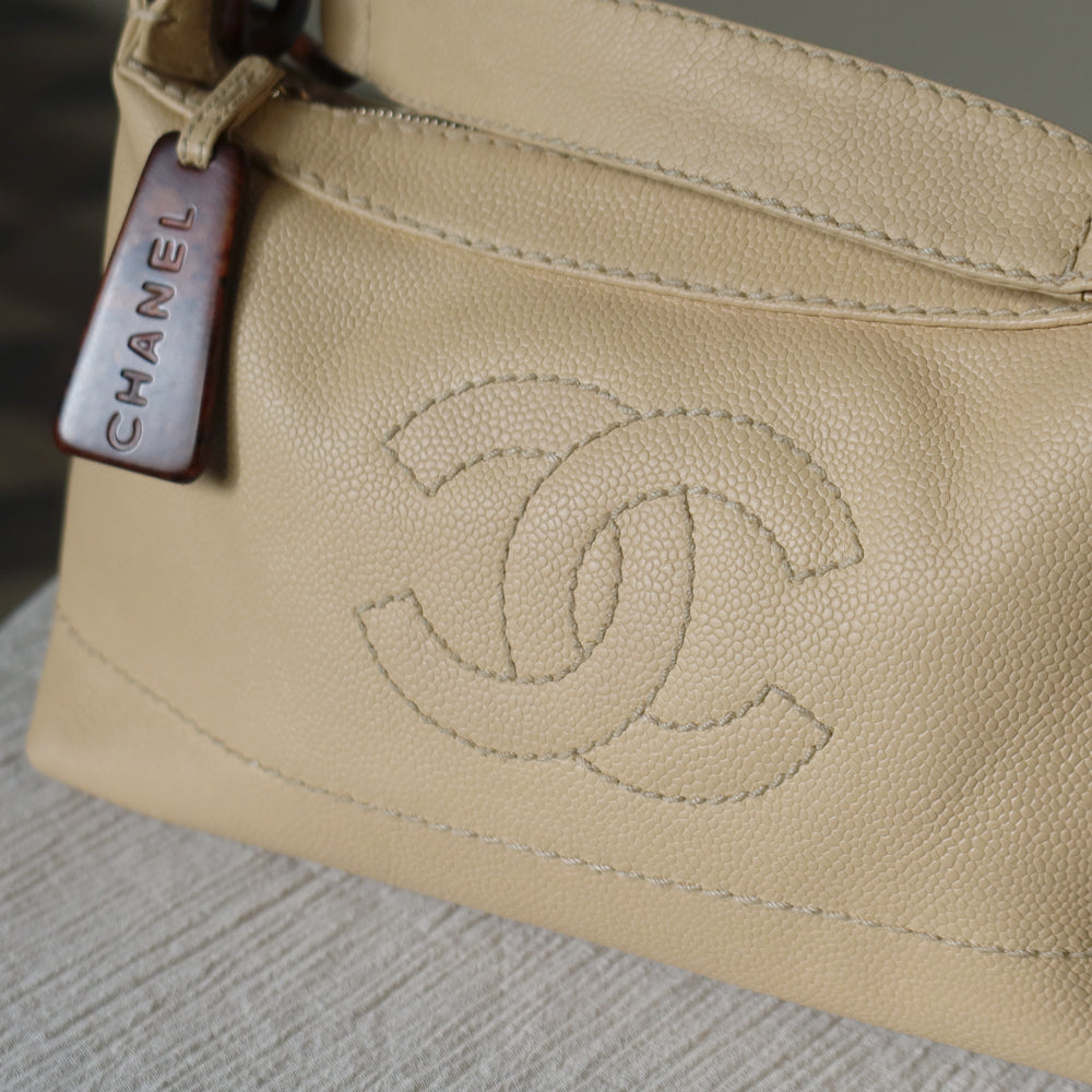 Chanel Vintage Beige Caviar Leather Coco Mark Hobo Shoulder Bag