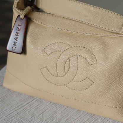Chanel Vintage Beige Caviar Leather Coco Mark Hobo Shoulder Bag