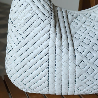Bottega Veneta Vintage White Navy stitching Intrecciato Veneta Hobo Shoulder Bag