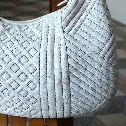 Bottega Veneta Vintage White Navy stitching Intrecciato Veneta Hobo Shoulder Bag