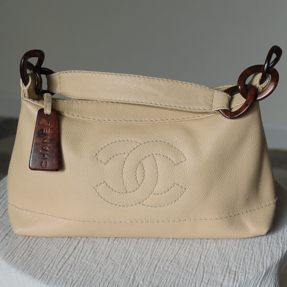 Chanel Vintage Beige Caviar Leather Coco Mark Hobo Shoulder Bag
